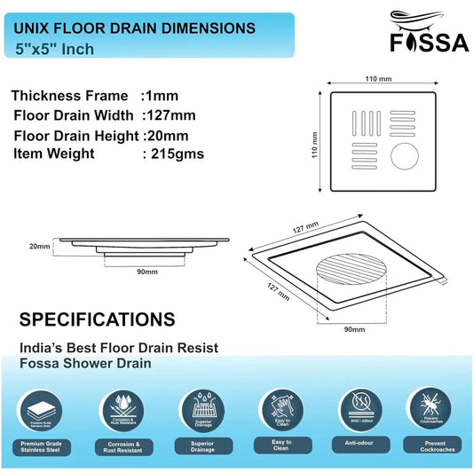 Unix Floor Drain (5 x 5 Inches) Premium Stainlees Steel With Hole